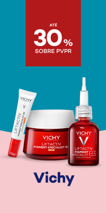 Marca Vichy com destaque promocional de at&eacute; 30% sobre pre&ccedil;o de Venda ao P&uacute;blico Recomendado